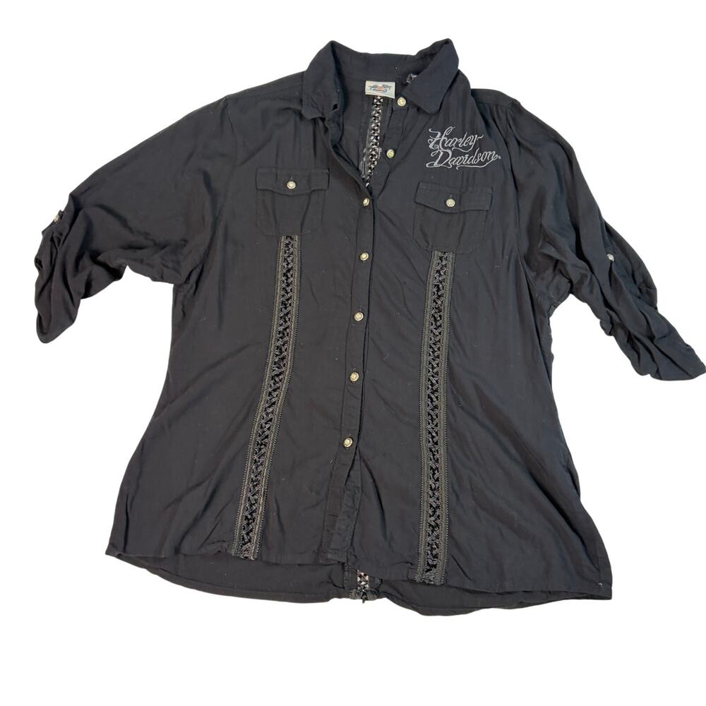 Harley Davidson womens black button up blouse crochet details. Size M. biker